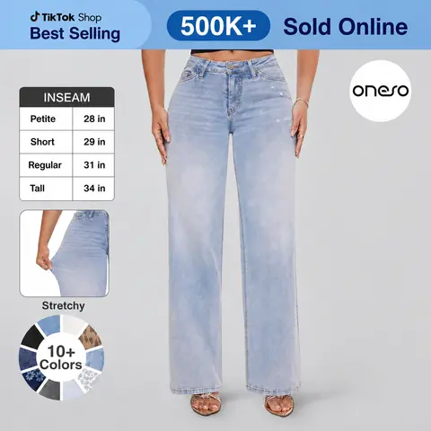 【4 Lengths】Magic ONESO Mid-low Rise BBL Jeans Stretchy Wide Leg Tummy Control Distressed Baggy Denim Pants Plus Size Regular Size Curve Hugging Fall Fashion