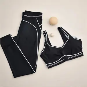 Women's 2-Piece Minimalist Contrast Stripe Sports Set - Piping Trim Medium-Impact Sports Bra, Tummy-Control Soft Leggings for Workout