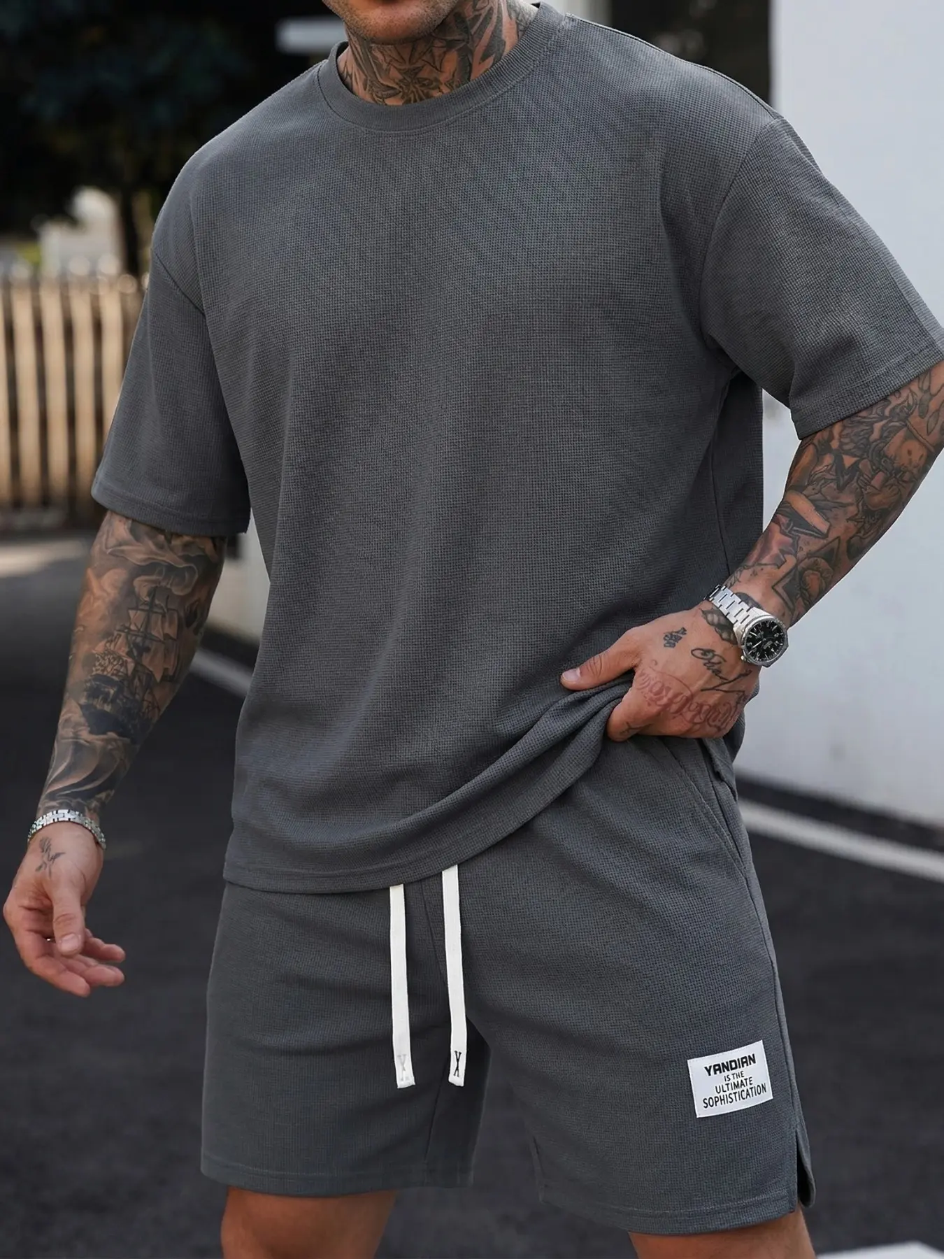 Men's Casual Sportswear Set, Loose Fit Athleisure Wear Set, Athleisure Activewear Set, Waffle Knit Round Neck Short Sleeve T-Shirt with Pocket Details & Drawstring Shorts, Summer Series, Athleisure Outfits, Casual Sports Style, Athleisure Summer Clothes
