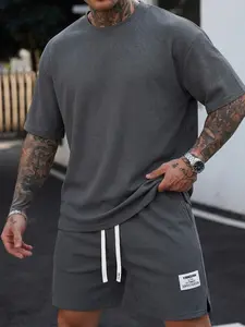 Men's Casual Sportswear Set, Athleisure Wear Set, Athleisure Activewear Set, Waffle Knit Round Neck Short Sleeve T-Shirt with Pocket Details & Drawstring Shorts, Summer Series