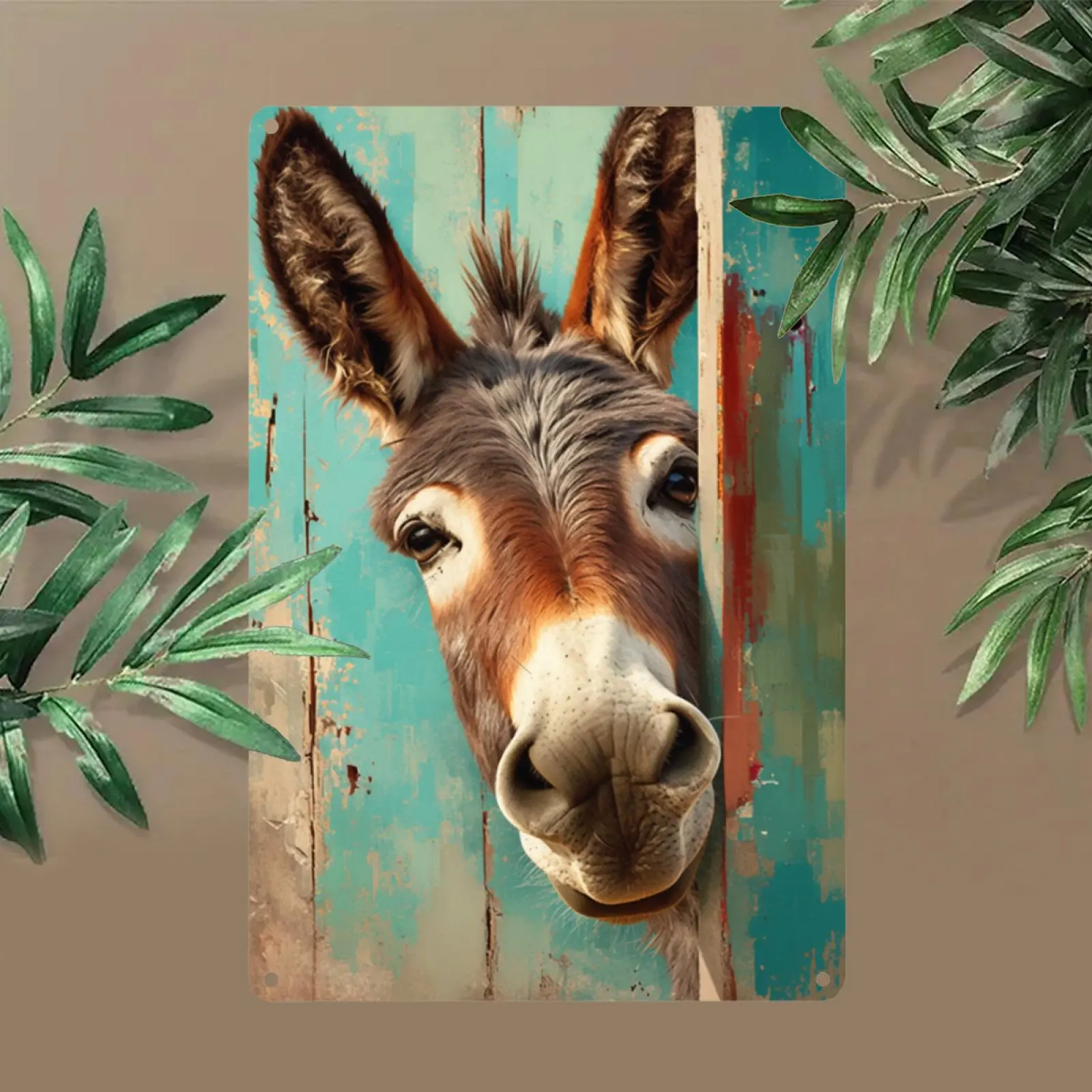 Retro Industrial Tin Wall Art Plaque - Whimsical Donkey Peeking from Rustic Metal Door, Lightweight Mountable Weatherproof Decor, Ideal for Indoor/Room Use, Father’s Day Gift for Home Supplies