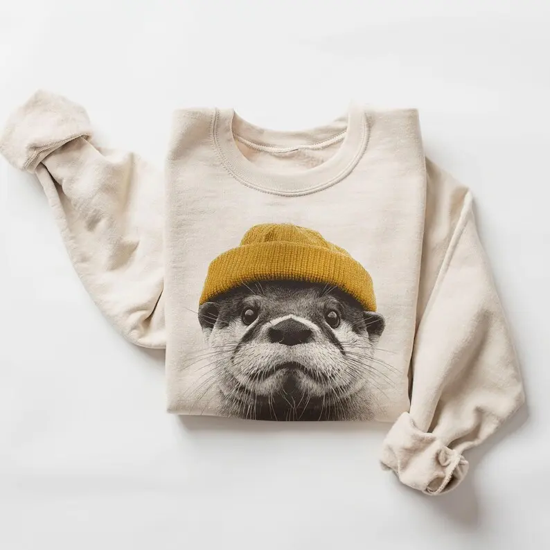Retro River Otter Sweatshirt for Women, Unisex Graphic Pullover Crewneck, Casual Cotton Blend Long Sleeve Top with Premium DTG Print, Premium Dtg Technology