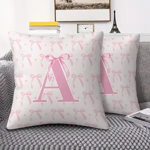 Pink Bow & Monogram "A-Z" Print Throw Pillow, Cozy Soft Cushion, Coquette Aesthetic Accent Pillow for Living Room Couch & Sofa, Girly Home Decor Accent, Perfect Gift for Romantic Living Space Makeover, Soft Padded Cushion