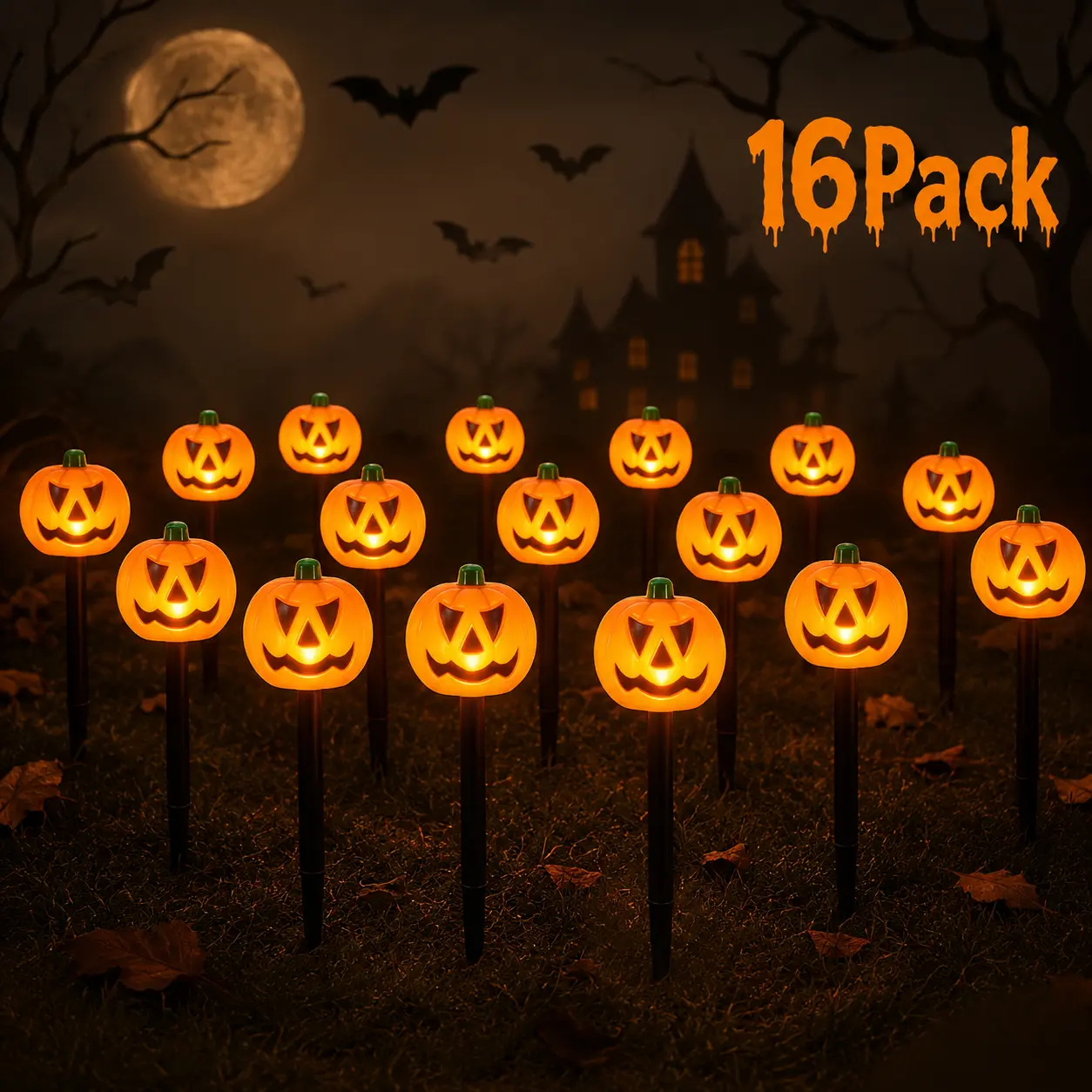 16-Pack Battery Operated Pumpkin Lights, Jack-O'-Lantern Pathway Stakes with Pumpkin Faces, Outdoor Yard & Walkway Halloween Novelty Decor