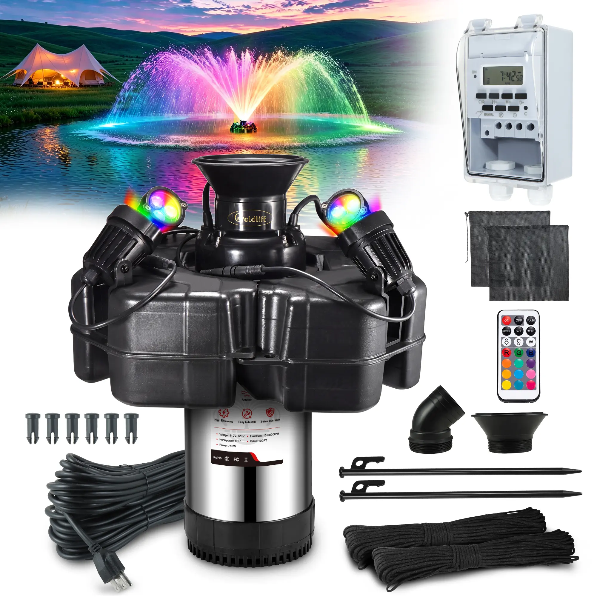 Goldlife Pond Fountain Aerator F4, With 4 RGB Lights, 110V 1HP 750W 15000GPH, 100FT Power Cord, Powerful Aerating Fountain Pump for Outdoor Small Large Pond Lake Garden Jet Fountain System