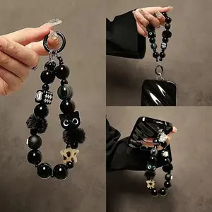 Premium Black Plush Cat Phone Charm Portable Beaded Wristlet Chain for Outings Car Keychain and Bag Accessory with Adorable Cat Design