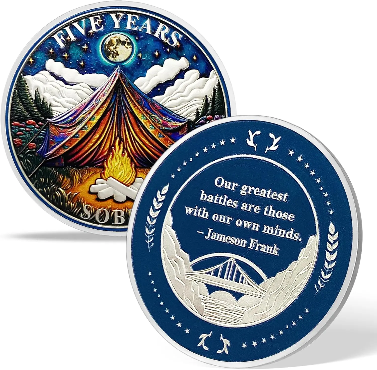 5-Year Sobriety Collectible Coin - 3D Sculpted Design Campfire Under Starry Sky AA Medallion, Compact & Durable with Serenity Prayer Motivational Quote, Encouragement Gift for Milestones in Sobriety Symbolic Design (Men & Women)