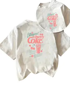 Women's Vintage Cherry Coke Graphic T-Shirt Retro 80s Inspired Short Sleeve Round Neck Top with Front & Back Print Soft Breathable Fabric for Casual Summer Outfits Spring & Fall Attire Machine Washable