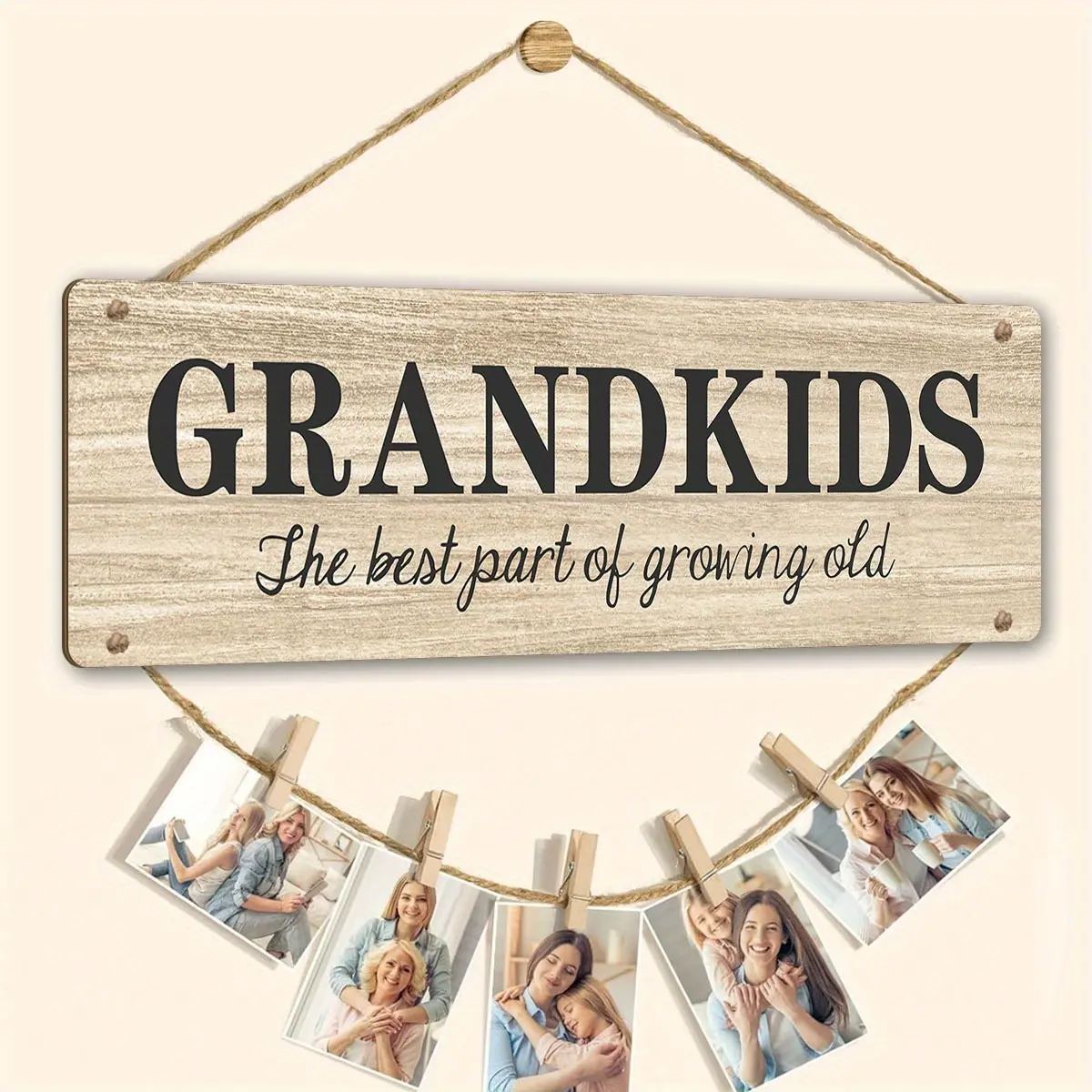 Traditional Wooden Grandkids Photo Holder Sign with Twine - Wall Hanging Display Plaque for Grandparents, Family Picture Frame Hanger, Ideal Gift for Christmas, Mother's Day, Decorative Wall Decor, Home Wall Decoration, Home Decor Items