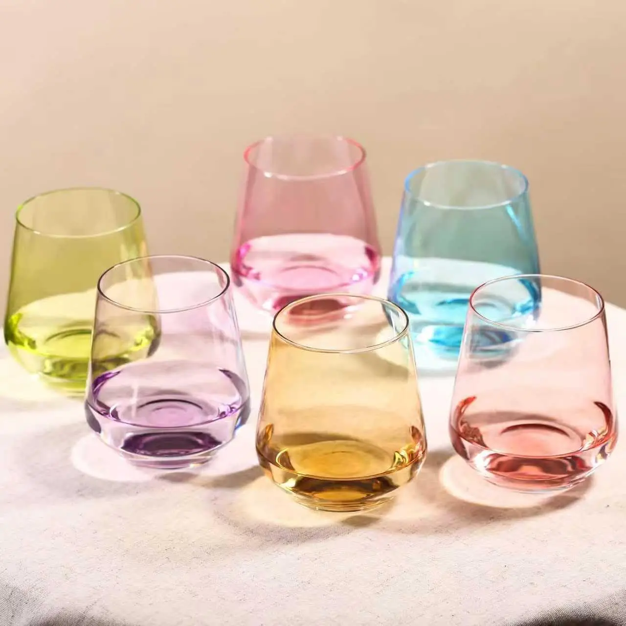 Physkoa Colorful Stemless Wine Glasses Set of 6, 17oz Hand-Blown Lead-Free Crystal Glassware, Wedding Housewarming Valentine Birthday Gift for Wine Lovers & Women