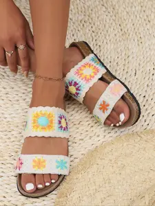 Women's Boho Style Flower Pattern Crochet Sandals, Casual Trendy Flat Sandals, Fashionable Sandals for Beach Vacation, Footwear