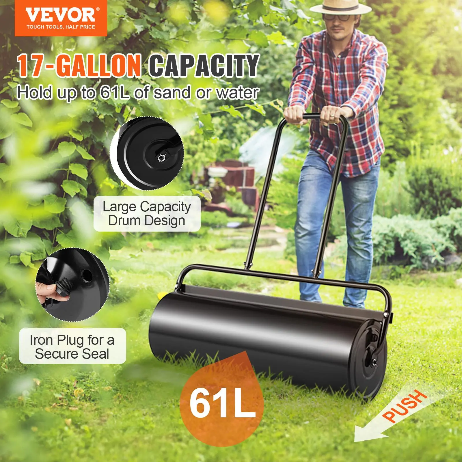 【Summerfinds】VEVOR Lawn Roller, 17 Gallon Sand/Water Filled Yard Roller, Steel Sod Roller with Easy-turn Plug and U-Shaped Ergonomic Handle for Convenient Push and Pull, for Lawn, Garden, Farm, Park, Black
