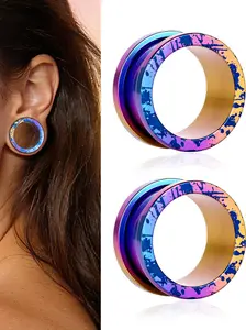 vanku 2pcs Unisex Titanium Ear Tunnels Plugs, Hypoallergenic Retro Polychromatic Studs, Boho Style Piercing Jewelry for All Seasons