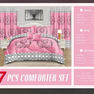 Comforter Set 7 Piece King Size Pink & Black Patterned Bedding with 2 Pillowcases 2 Cushion Covers 2 Print Curtains