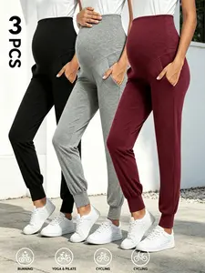 3-piece Maternity Cropped Pants with Pockets, Summer Casual Versatile Sports Sweatpants Yoga Pants Maternity Workout Clothes for Pregnant Women