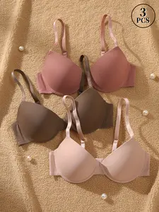 Women's Plain Solid Color Smooth Basic Bras Set, Underwire Push-Up Seamless T-Shirt Bra, Adjustable Thin Straps, Casual Style, Fitted, Comfortable Medium Support Everyday Underwear
