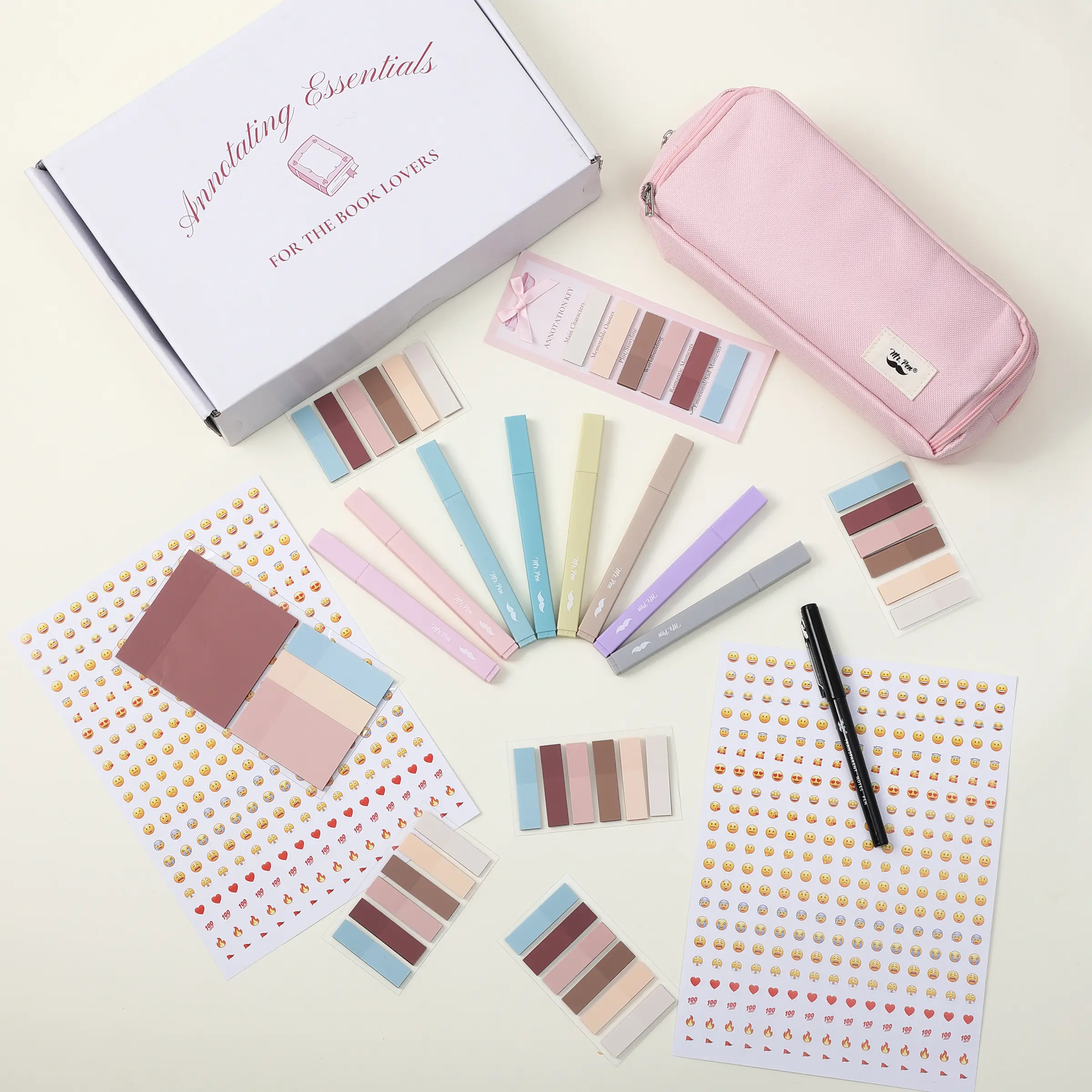 Mr. Pen Stationary Set - Cute Stationary Set, Fine Tip Markers & Highlighters, Assortment Kit Markers & Highlighters, Pastels, Transparent Sticky Notes, Annotation Key Bookmark, Stickers, Pencil Pouch for Book Lovers, Annotation Kit, Office Accessories