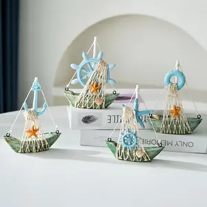 Handmade Mediterranean Style Wooden Ship Decorations Set, Includes Anchor Steering Wheel and Starfish, Blue Design, Nautical Theme Desk