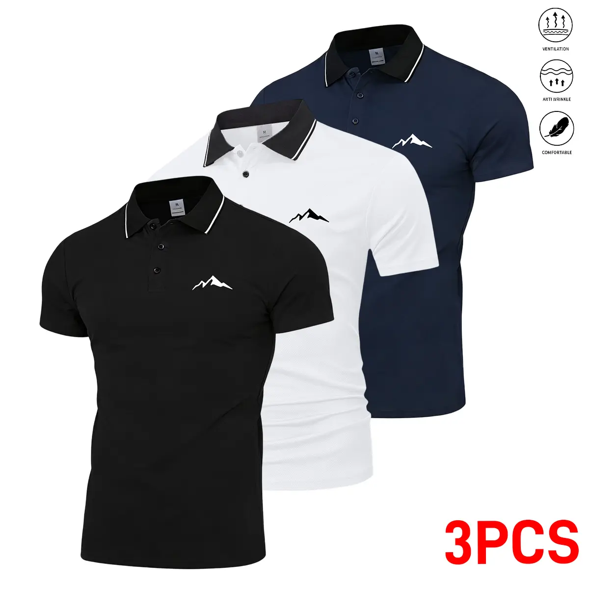 3pcs Men’s Classic Polo Shirts – Contrast Collar Short Sleeve, Casual Solid Color, Fashion Print; Stretchable, Quick-Dry, High Performance for Golf, Outdoor Work; Men’s Tops