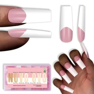 NOVO OVO Old School Wide White French Tip Nail Tips Press on, Long Tapered Square BERRY PINK, Extra Thick Soft Gel Fake Acrylic Extension, Need Builder Gel Top Coat & Glue, 15 Sizes 240 pcs
