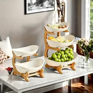 2/3 Tier Luxury Bamboo Elegant Fruit Stand - Double Layer Plate, Creative Candy Display Natural Wood, Living Room Snack Space-Saving Design, Easy to Assemble, Father's Day Gift, Dessert Kitchen Tray Black Chicken Shredder Tool Submersible Bath and Pool 3