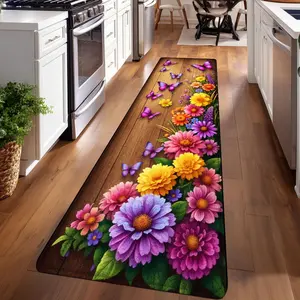 1PC, Spring Purple Pink Butterfly Flower Cluster Patterned strip rugs, Floral washable rug, Machine Washable Rug, home décor, bathroom mats, entryway mats, kitchen mats, hallway rugs, flannel sponge rugs