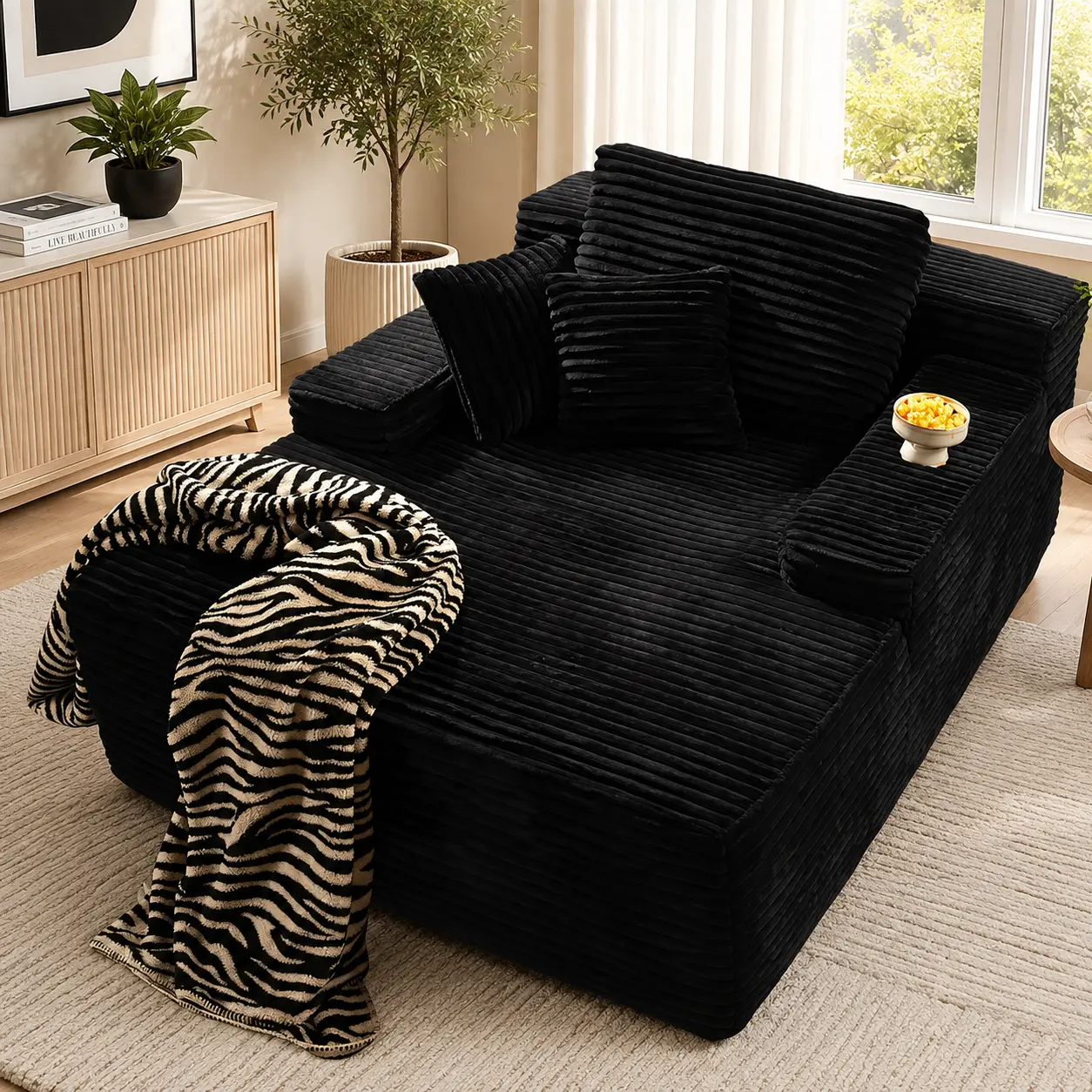 Orienflex Ribbed Glam 67x48x24" Corduroy Chaise Lounge Chair for Bedroom, Boneless Couch Sofa Bed with Deep Seat, 3 Pillows, Wide Arms, No Assembly Required