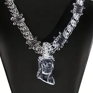 FaithFilledFinds Jesus Pendant Clear Barbed Wire Chain Necklace for Men, Women, Boys, Girls, Trendy Daily Wear Necklace for Streetwear, Birthday Gifts, Christmas Gifts, and Party Accessories，men necklace，women necklace，streetwear jewelry，y2k necklace