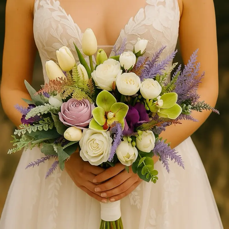 Lavender & Cream Artificial Bridal Bouquet – Faux Roses, Tulips & Eucalyptus – Romantic Spring Wedding Flowers