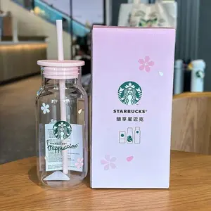 Starbucks Overseas 500ml Pink Cherry Blossom Coffee Cup Shake Straw Cup Glass Milk Cups
