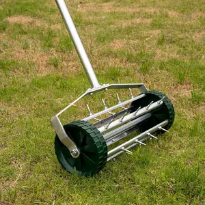 Heavy Duty Rolling Lawn Aerator with 3-Piece Long Steel Handle, Rotary Push Spike, and Professional Weed Remover for Effective Aeration and Durable Compaction