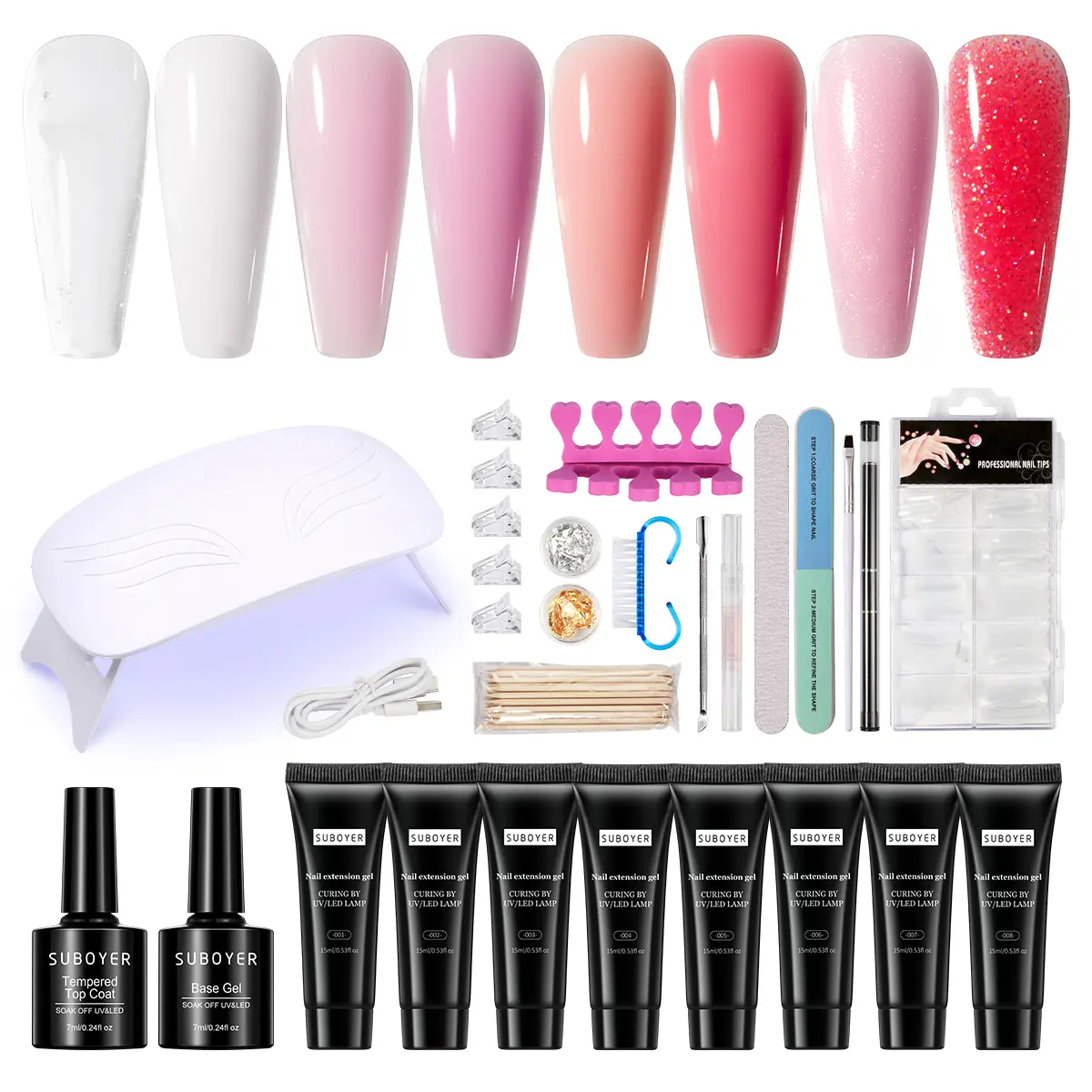 SUBOYER 28pcs polymer extension gel nail kit, 8pcs polymer gel with uv/led light base coat and glossy top coat, complete set of beginner nail tool kit for all seasons，christmas nails kit