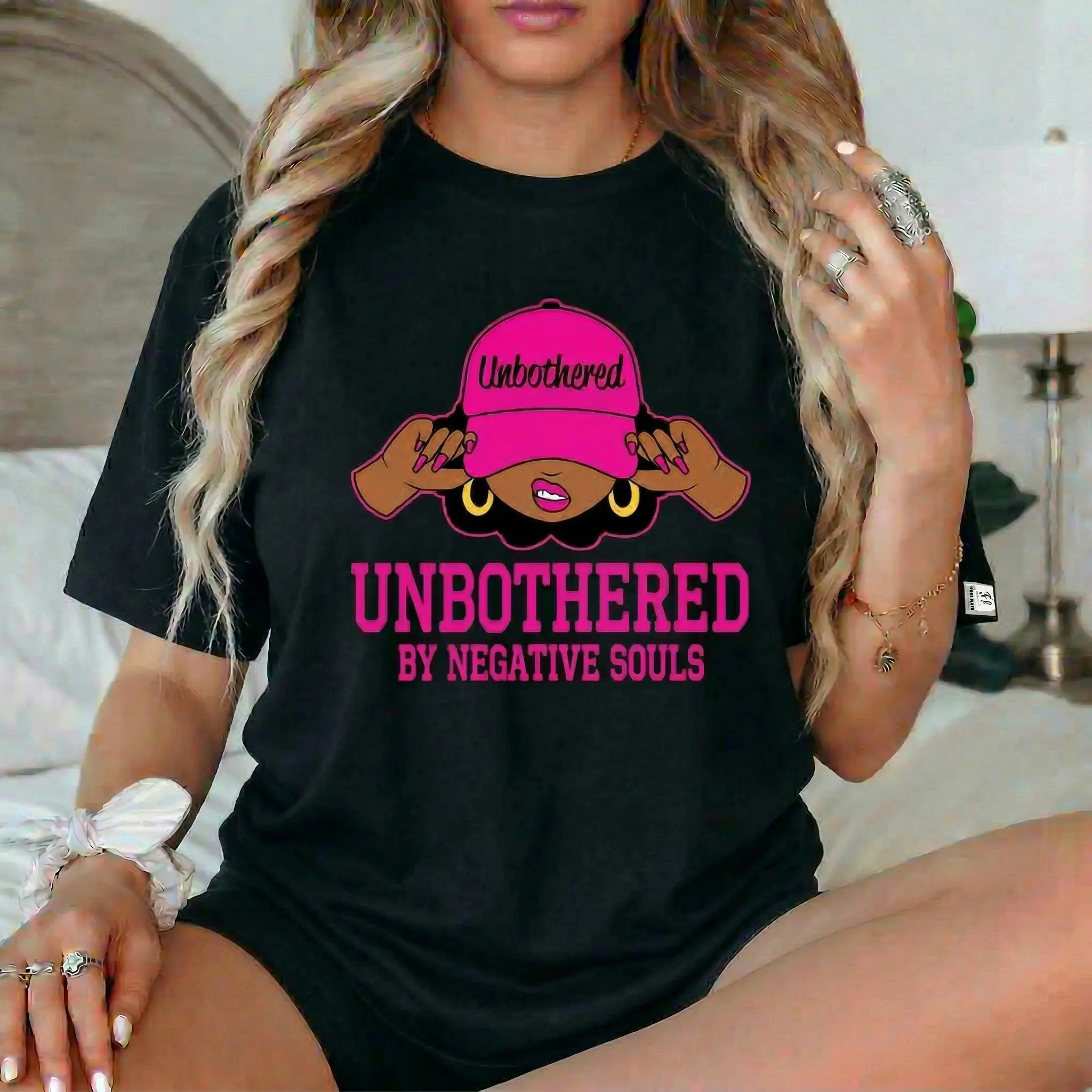 Women's Short-Sleeve Printed Unisex T-Shirt - Unbothered By Negative Souls, Black Girl Magic Melanin Graphic, Protect My Peace, Soft Life Era Hot Pink Sassy Empowerment Apparel