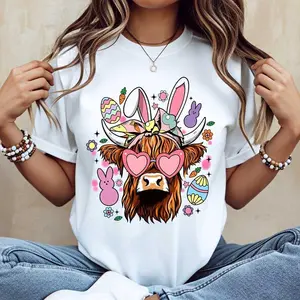 Cow With Bunny Ears And Easter Eggs Print T Shirt White Casual Round Neck Short Sleeve For Women Spring Festival Celebration