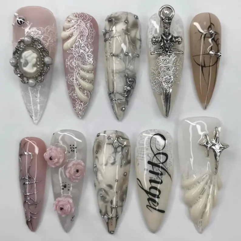S102 Nailed by Vibe – Gothic Angel Press-On Nails, 3D Silver Sword, Roses, Barbed Wire & Star Charms, Marble Texture with Lace Details, Statement Art Set for Elegant, Gift for Her