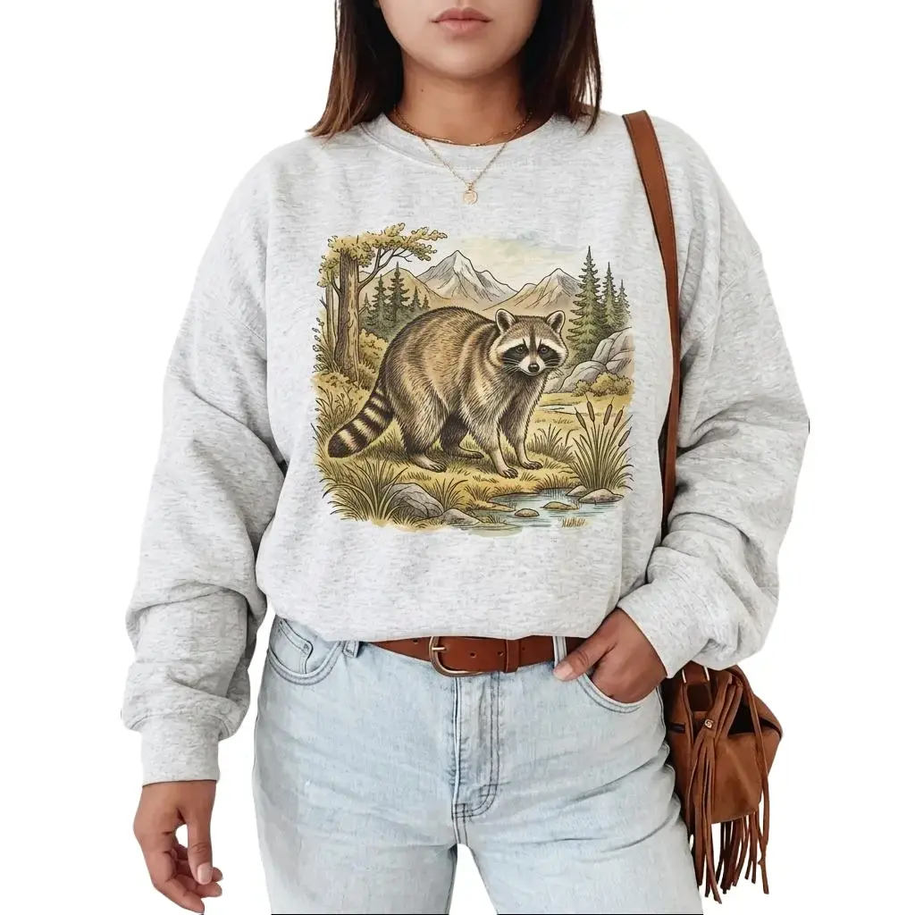 Raccoon Women's Cotton Pullover Sweatshirt, Unisex  Cotton Pullover Womenswear  Printed Vintage Boho