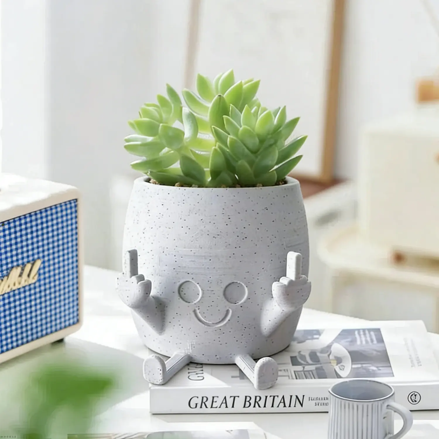 Creative Middle Finger Cement Succulent Planter - Indoor Sculptural Planters, Cute Gesture Decorative Desktop Pot for Home, Office, Indoor Planters, Sculptural Planter