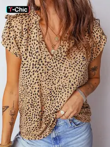Cheetah Print Leopard Pleated V-Neck Short Sleeve Fitted Shirt Blouse, Stylish Women's Top for Casual Wear, Comfortable and Trendy Design