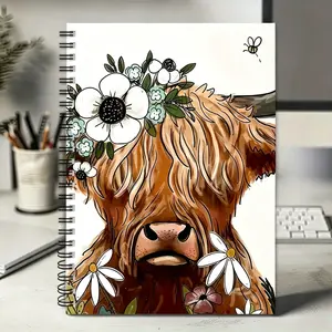Whimsical Highland Cow & Flower Spiral Notebook Journal, 1pc, 100 Pages, Decorative Flora Office Stationery