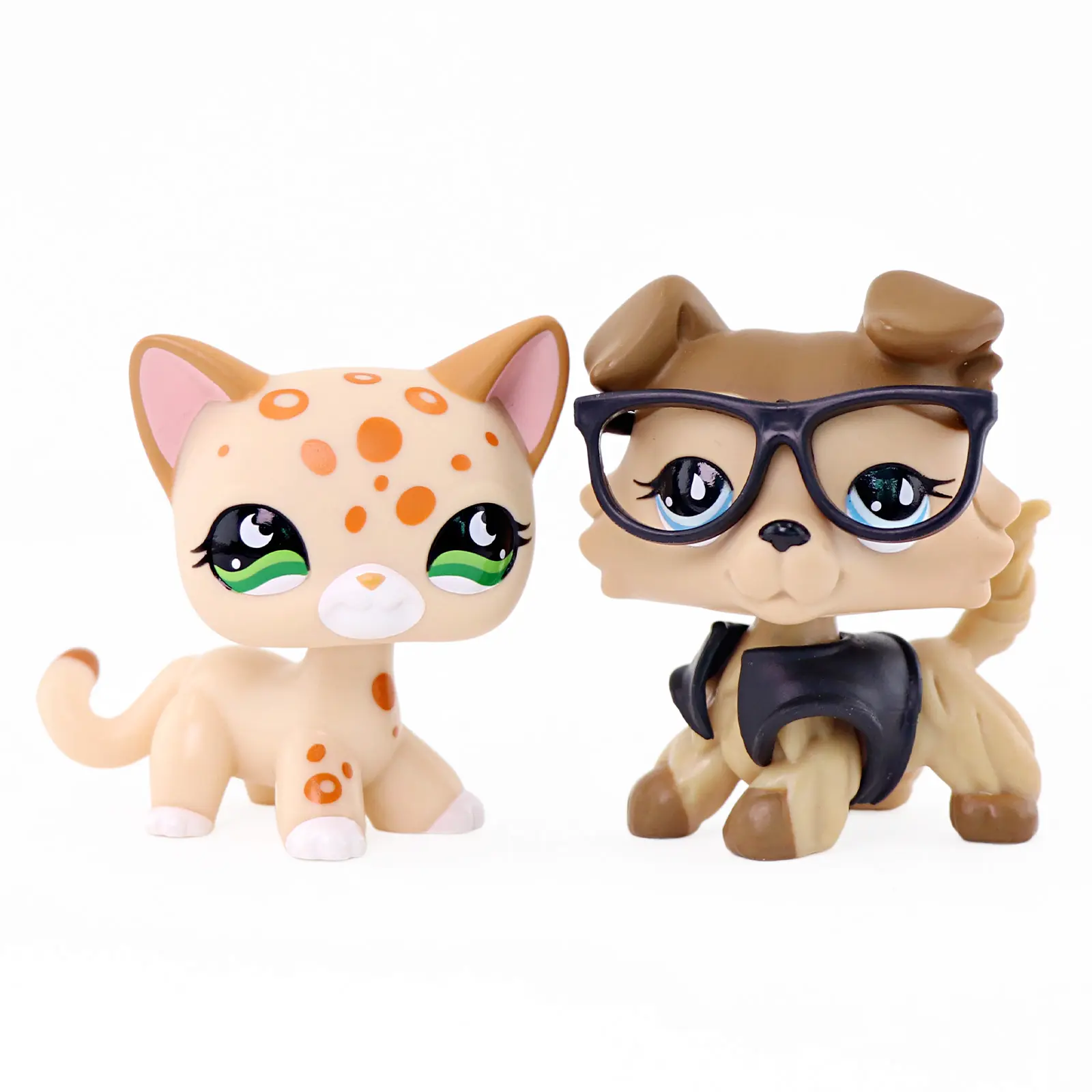 2-Pcs PVC Plastic Mini Pet Figure Set - Smooth, Lightweight Cartoon Spotted Cat & Puppy Dog Toys with Glasses, Vest Accessories, Collectible Figurines for Age 4+, Kids Birthday Gift, Desktop Cake Topper Decor