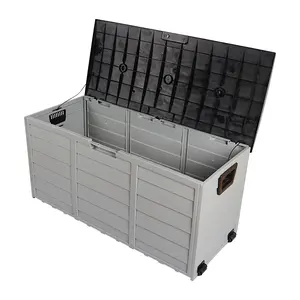 75gal Wheel Organiser Deck Box - 260L Weatherproof Outdoor Storage for Garden, Lockable Waterproof Plastic Bin with Wheels
