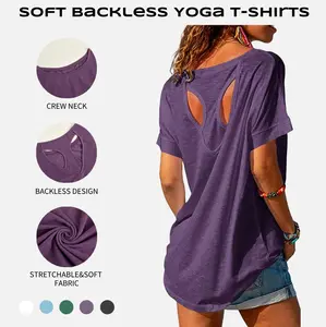 Imily Bela Womens Elegant Trendy Open Back Comfy Loose Fitting Workout Casual Yoga T-Shirt Summer Gym Tee