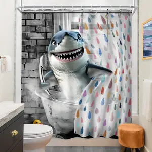 1pc Cartoon Shark Shower Curtain Polyester Bathroom Decor and Accessories Printed Partition Curtain for Home Decoration