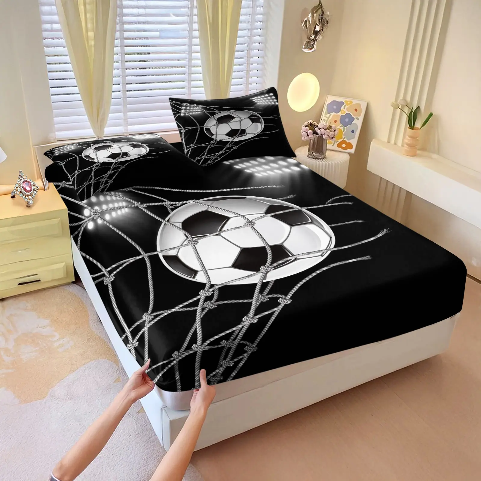 Football Bed Sheet Set Kids Sports Theme Soccer Ball Sheet Set, Soft Competitive Games Sheets Bedroom Microfiber 3D America Football Decor Bedding Set, 1 Fitted Sheet + 2 Pillowcases