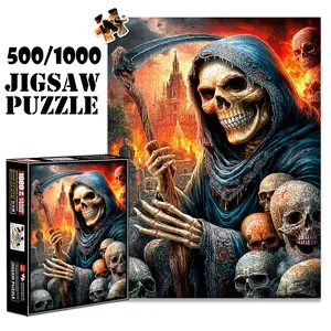 1pc 1000 piece adult puzzle 70x50cm Grim Reaper with Scythe and Skulls Halloween 500 pieces of paper jigsaw puzzle, suitable for adults and families, large-scale DIY puzzle interactive toy games, birthday hol Paper Puzzles Family Puzzle