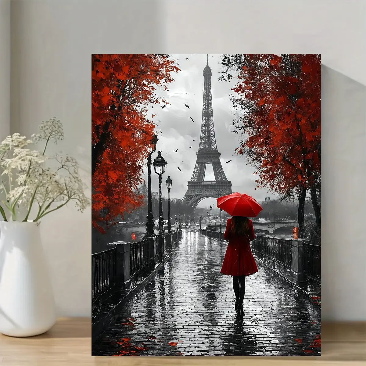 A Canvas Wall Art with Frame - Paris Street Scene, Including Eiffel Tower, Woman with Red Umbrella and Autumn Leaves, Black and White with Red Lining, Wooden Frame, Ready-to-Hang Home Decoration, Paris Room Decoration, Bedroom Artwork, Romantic Painting,