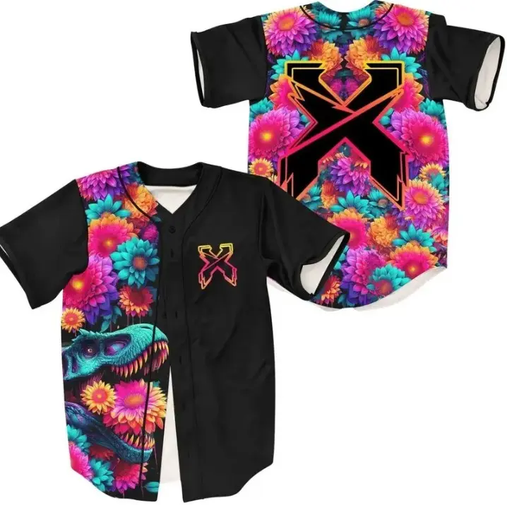 Excisi0n DJ Trippy Floral T-rex Rave 3D Baseball Shirt, Electronic Music Producer All Over Print Jersey, Edm Festivals Sport Team Outfit Game Day Uniform, Gift For Fan