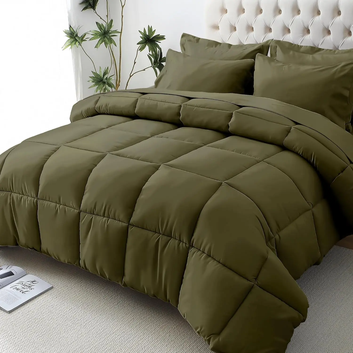 Quilted Bedspread Set - California King Size Oeko-TEX Certified Ultra-Soft Warm Bedding, Down Alternative Comforter, Pillowcase Shams, Olive Green All-Season Bedding Set