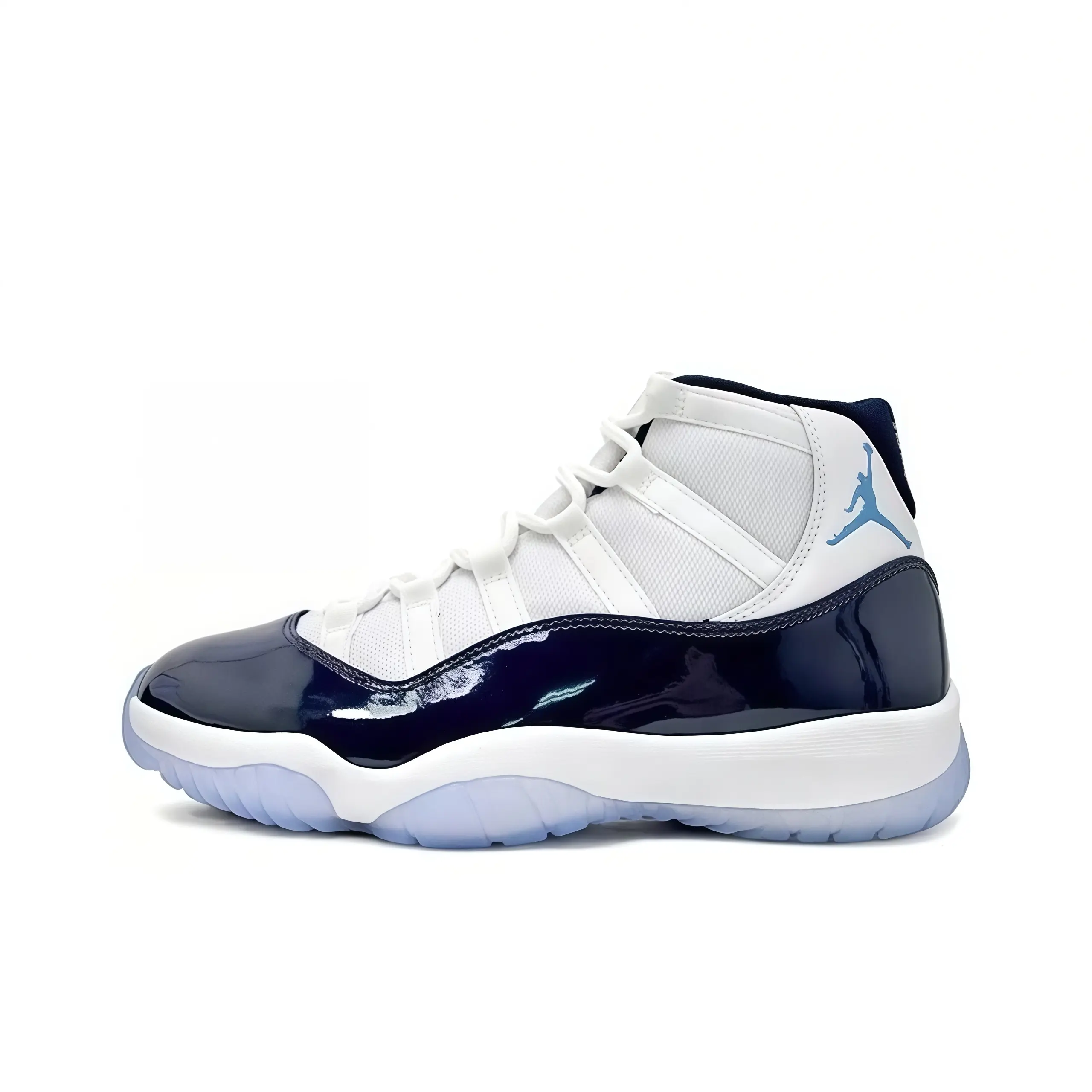 High top basketball sneakers white fabric navy patent upper light icy outsole clean minimalist appearance comfy all day wear fashionable street match popular unisex daily footwear