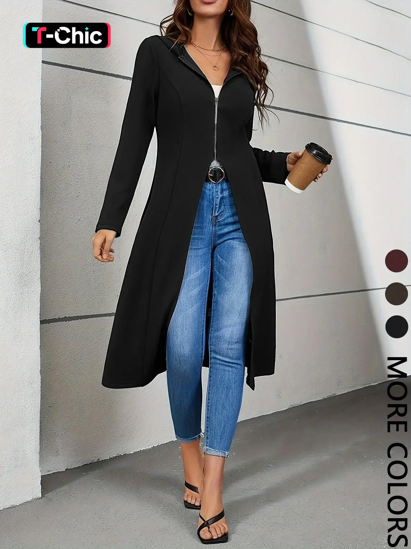 Women's Zipper Hooded Fitted Cut Long Jacket, Elegant Basic Solid Color Long Sleeve Coat, Casual Longline Outerwear, Casual Fashion Womenswear Outerwear for Fall & Winter Seasons